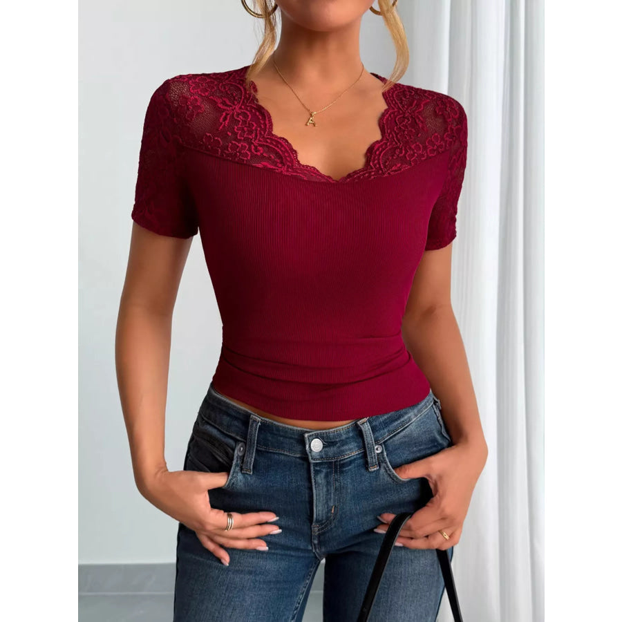 Elegant Lace Trim V-Neck Fitted Top Apparel and Accessories