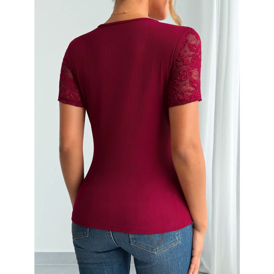 Elegant Lace Trim V-Neck Fitted Top Apparel and Accessories