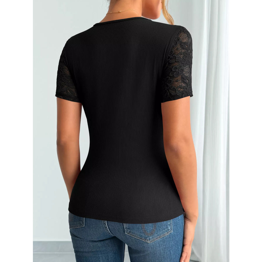 Elegant Lace Trim V-Neck Fitted Top Apparel and Accessories