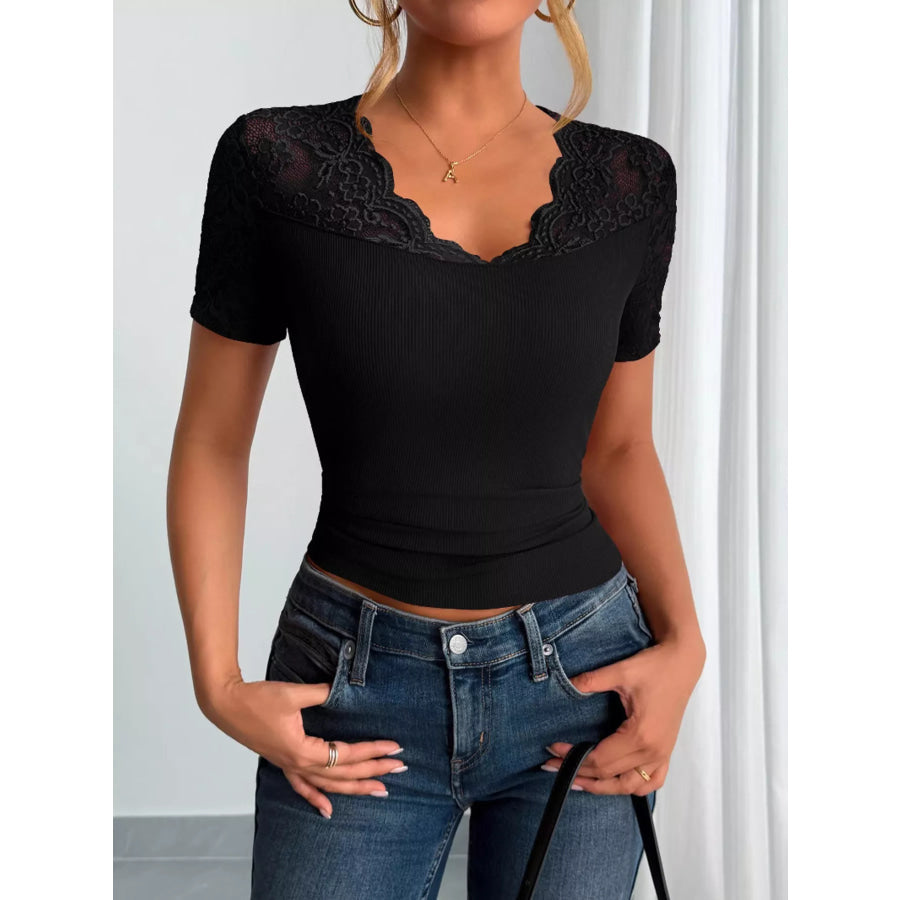 Elegant Lace Trim V-Neck Fitted Top Black / S Apparel and Accessories