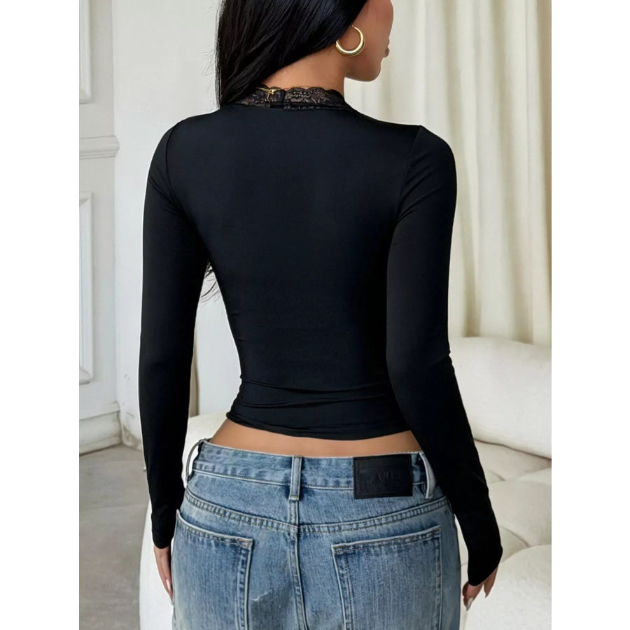 Elegant Lace Trim V-Neck Long Sleeve Slim Fit T-Shirt Apparel and Accessories
