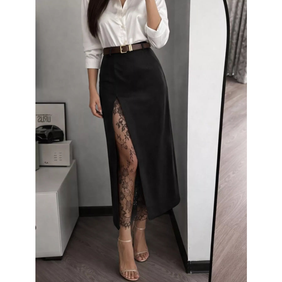 Elegant Lace-Trimmed Slit A-Line Skirt Apparel and Accessories