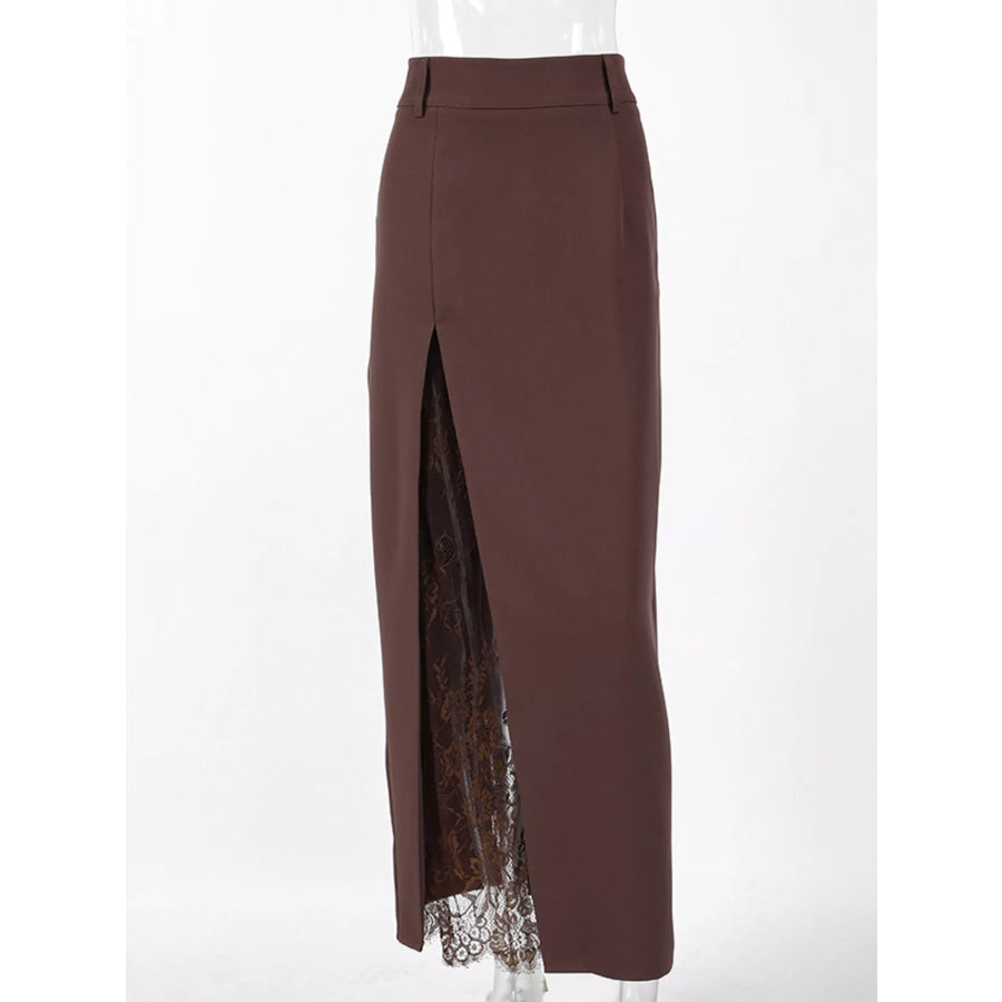 Elegant Lace-Trimmed Slit A-Line Skirt Apparel and Accessories