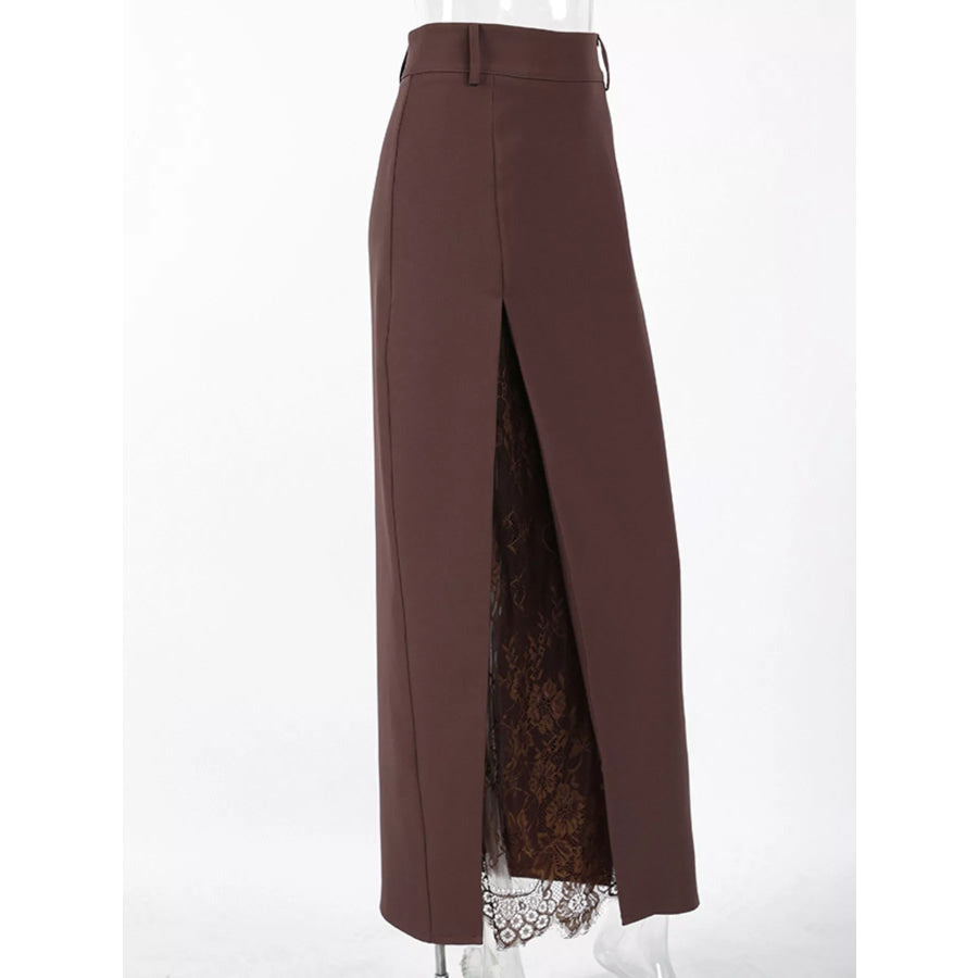 Elegant Lace-Trimmed Slit A-Line Skirt Apparel and Accessories