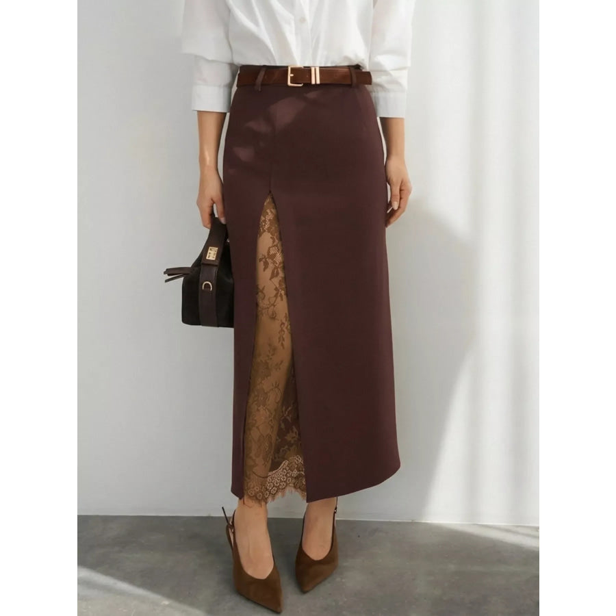 Elegant Lace-Trimmed Slit A-Line Skirt Apparel and Accessories