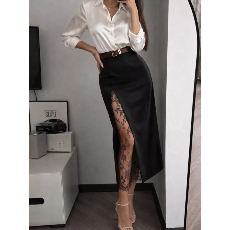 Elegant Lace-Trimmed Slit A-Line Skirt Apparel and Accessories