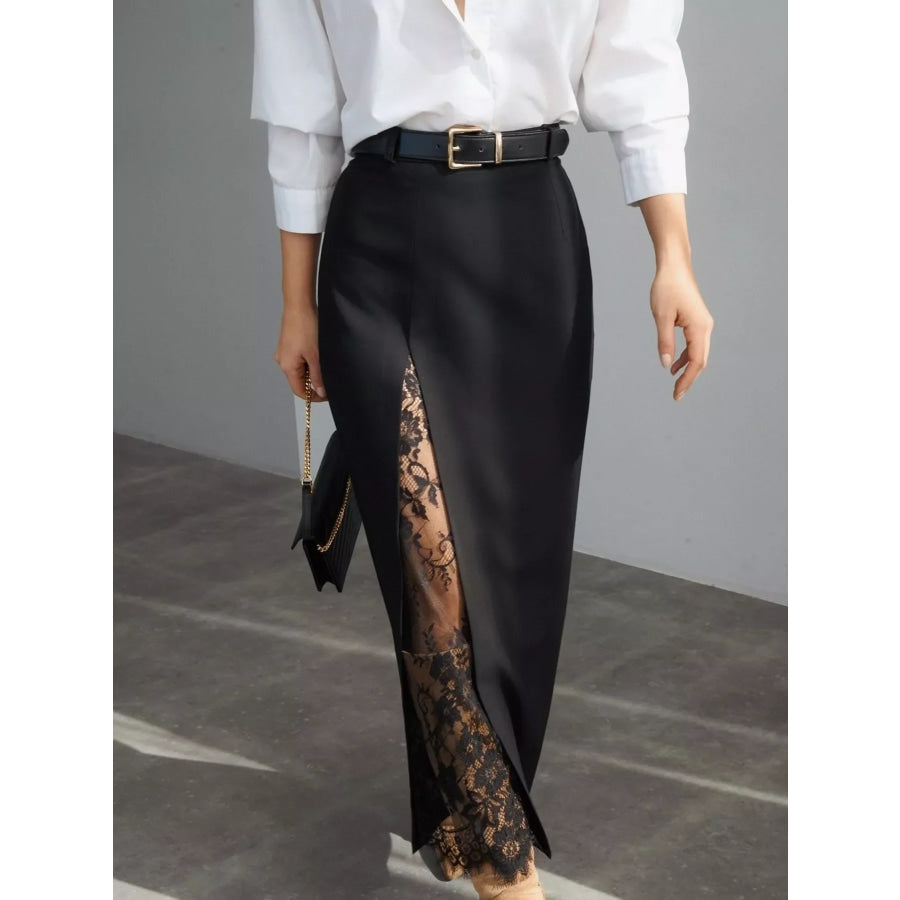 Elegant Lace-Trimmed Slit A-Line Skirt Apparel and Accessories