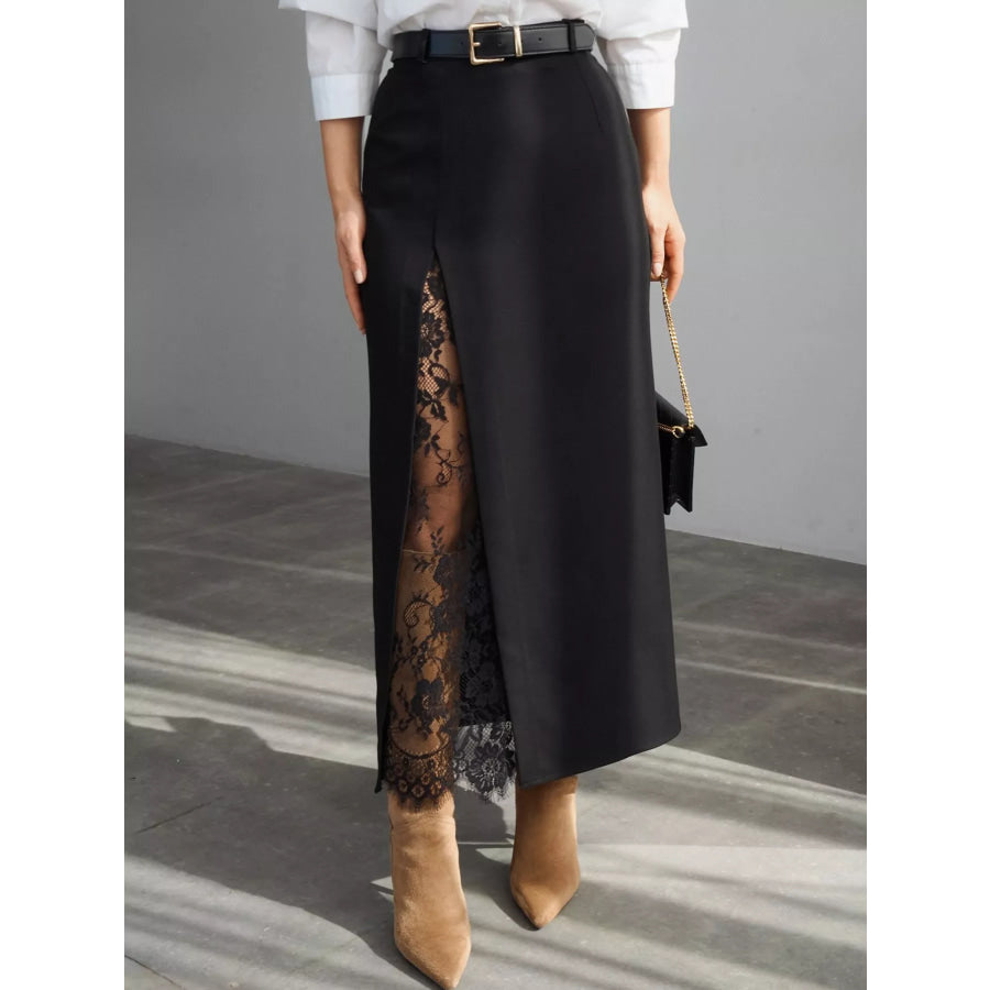 Elegant Lace-Trimmed Slit A-Line Skirt Black / S Apparel and Accessories