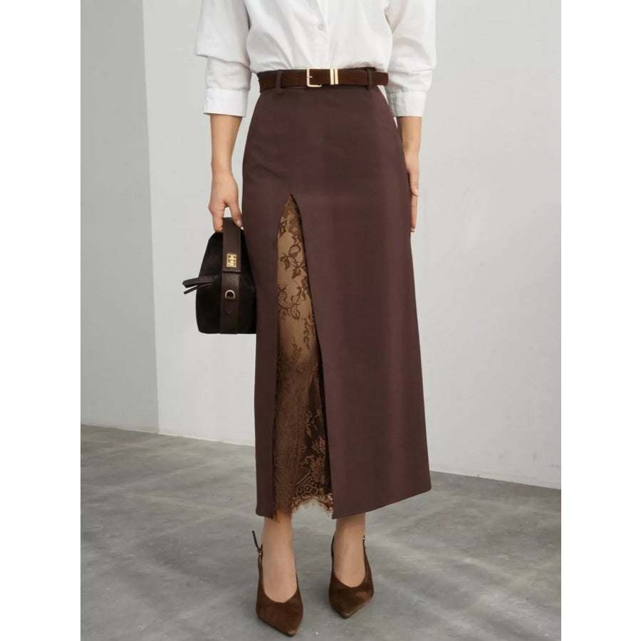 Elegant Lace-Trimmed Slit A-Line Skirt Brown / S Apparel and Accessories