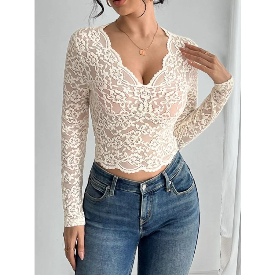 Elegant Lace V-Neck Long Sleeve Top Apparel and Accessories