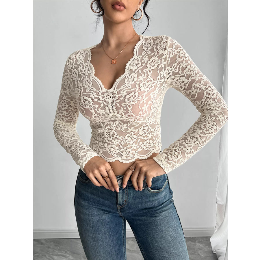 Elegant Lace V-Neck Long Sleeve Top Apparel and Accessories