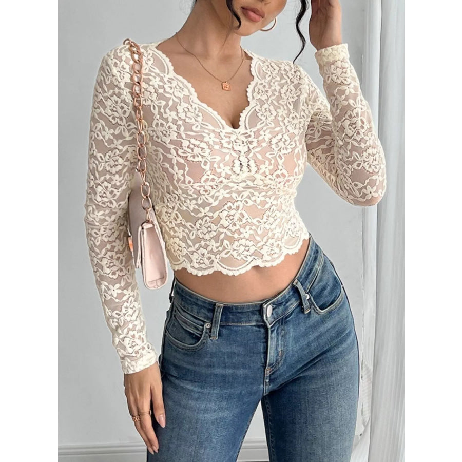 Elegant Lace V-Neck Long Sleeve Top Beige / S Apparel and Accessories