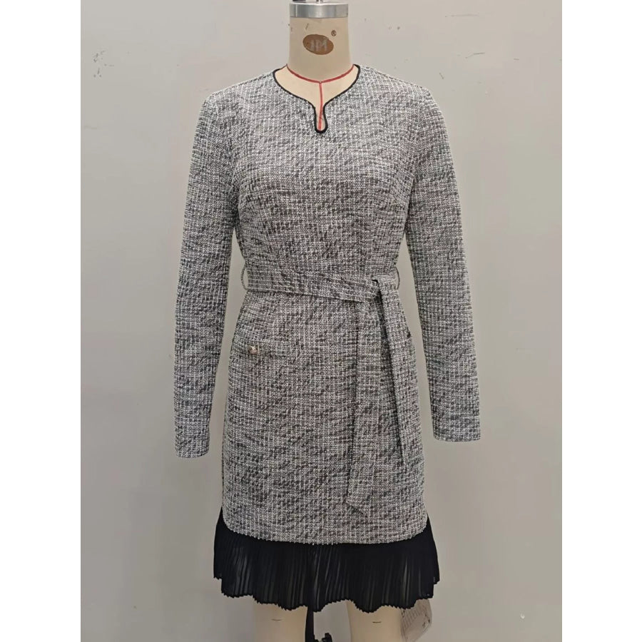 Elegant Long Sleeve Belted Shift Dress with Ruffled Hem Apparel and Accessories