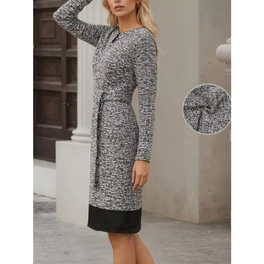 Elegant Long Sleeve Belted Shift Dress with Ruffled Hem Apparel and Accessories
