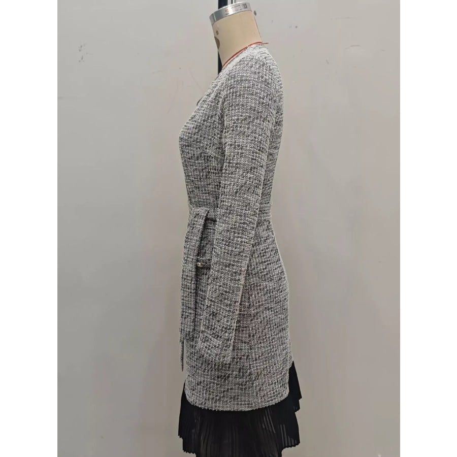 Elegant Long Sleeve Belted Shift Dress with Ruffled Hem Apparel and Accessories