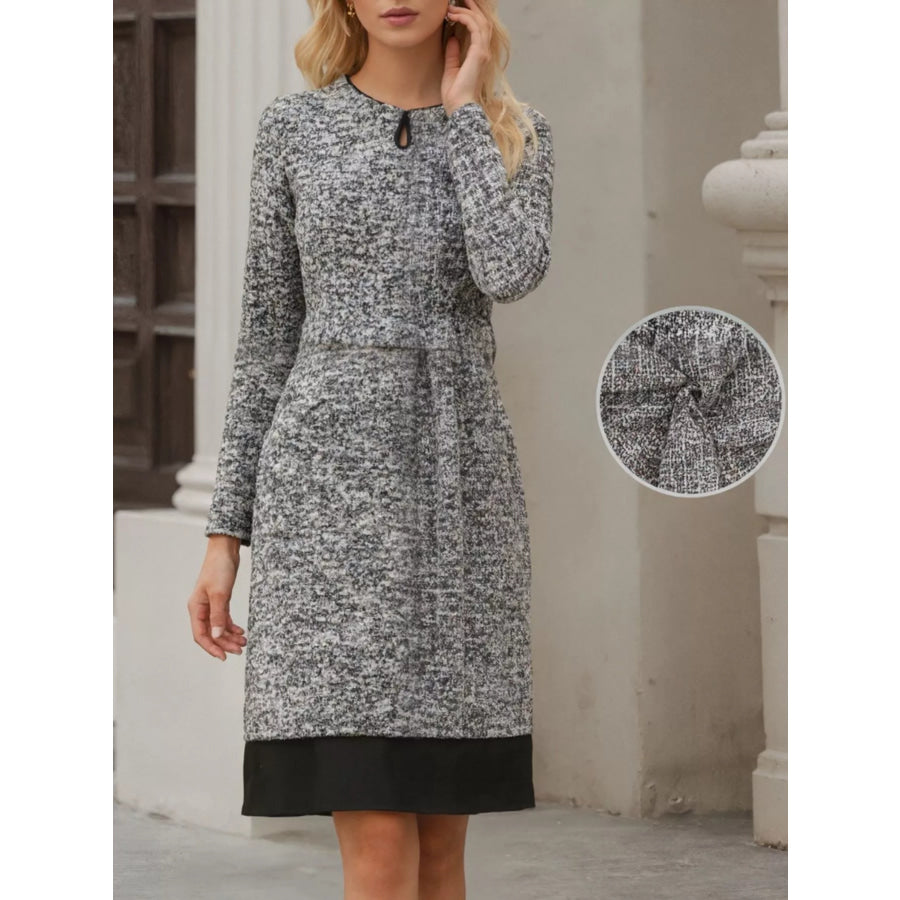 Elegant Long Sleeve Belted Shift Dress with Ruffled Hem Black / S Apparel and Accessories