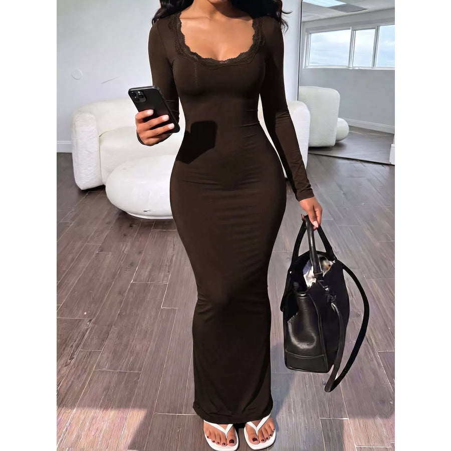 Elegant Long-Sleeve Bodycon Maxi Dress with Scalloped Neckline Apparel and Accessories