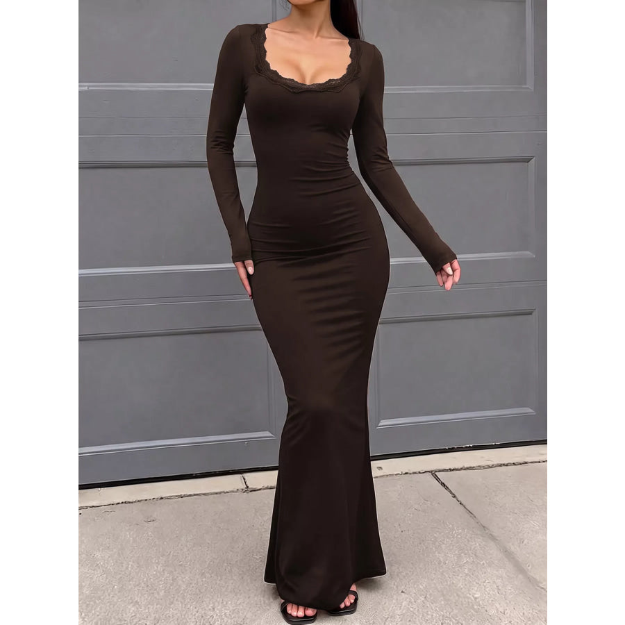 Elegant Long-Sleeve Bodycon Maxi Dress with Scalloped Neckline Brown / S Apparel and Accessories