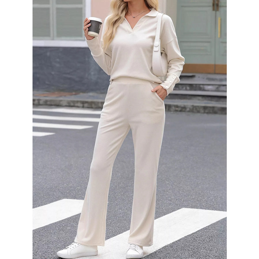 Elegant Long Sleeve Polo Collar Top and Pants Set Apparel Accessories