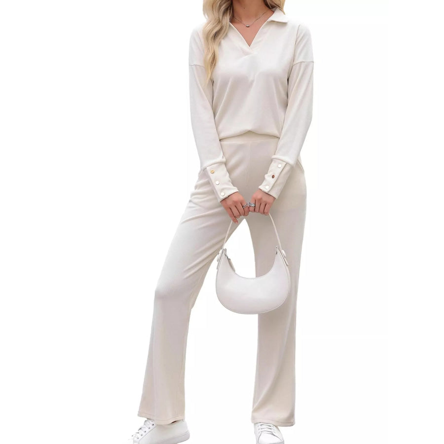 Elegant Long Sleeve Polo Collar Top and Pants Set Apparel Accessories