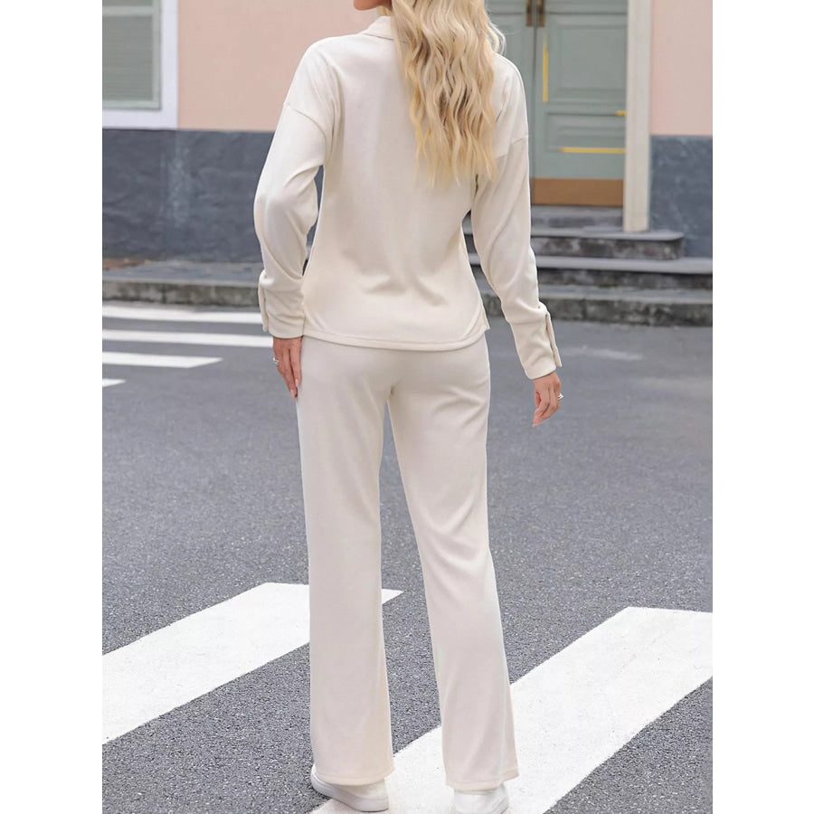 Elegant Long Sleeve Polo Collar Top and Pants Set Apparel Accessories