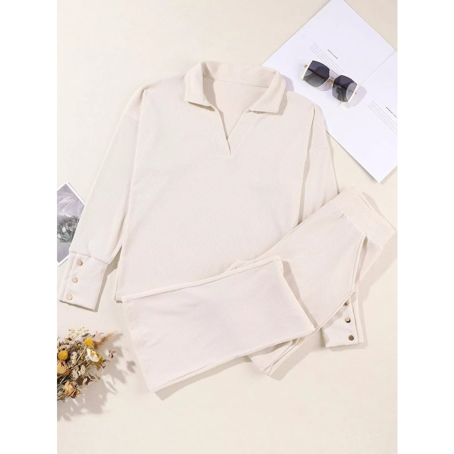 Elegant Long Sleeve Polo Collar Top and Pants Set Apparel Accessories