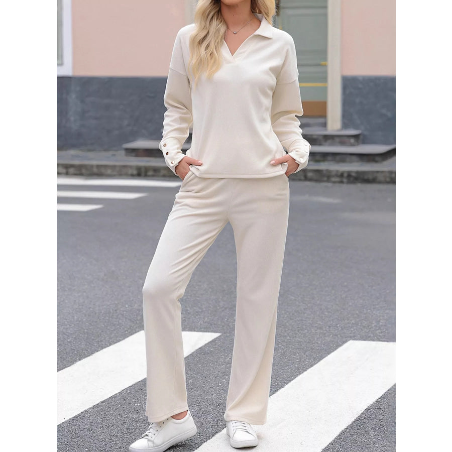 Elegant Long Sleeve Polo Collar Top and Pants Set Beige / S Apparel Accessories