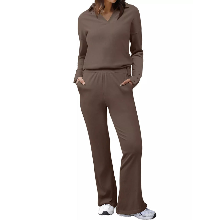 Elegant Long Sleeve Polo Collar Top and Pants Set Coffee / S Apparel Accessories