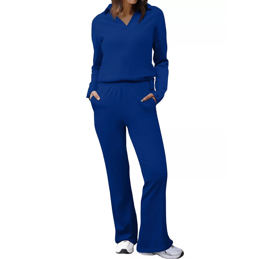 Elegant Long Sleeve Polo Collar Top and Pants Set Dark Blue / S Apparel Accessories