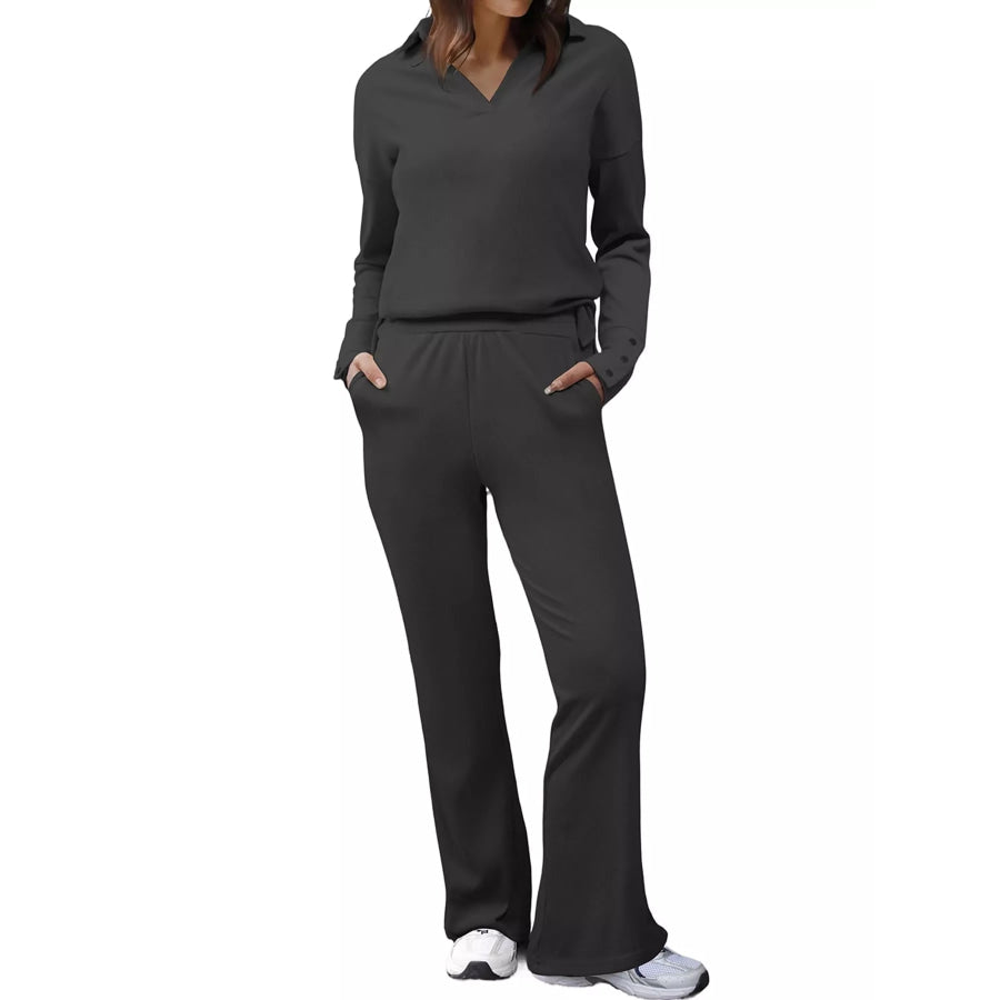 Elegant Long Sleeve Polo Collar Top and Pants Set Dark Gray / S Apparel Accessories