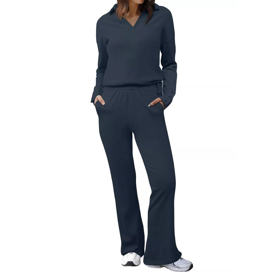 Elegant Long Sleeve Polo Collar Top and Pants Set Medium Blue / S Apparel Accessories