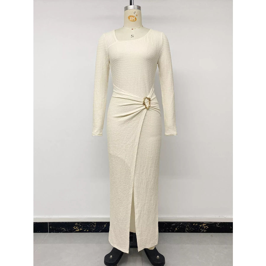 Elegant Long Sleeve Ruched Midi Dress Apparel and Accessories