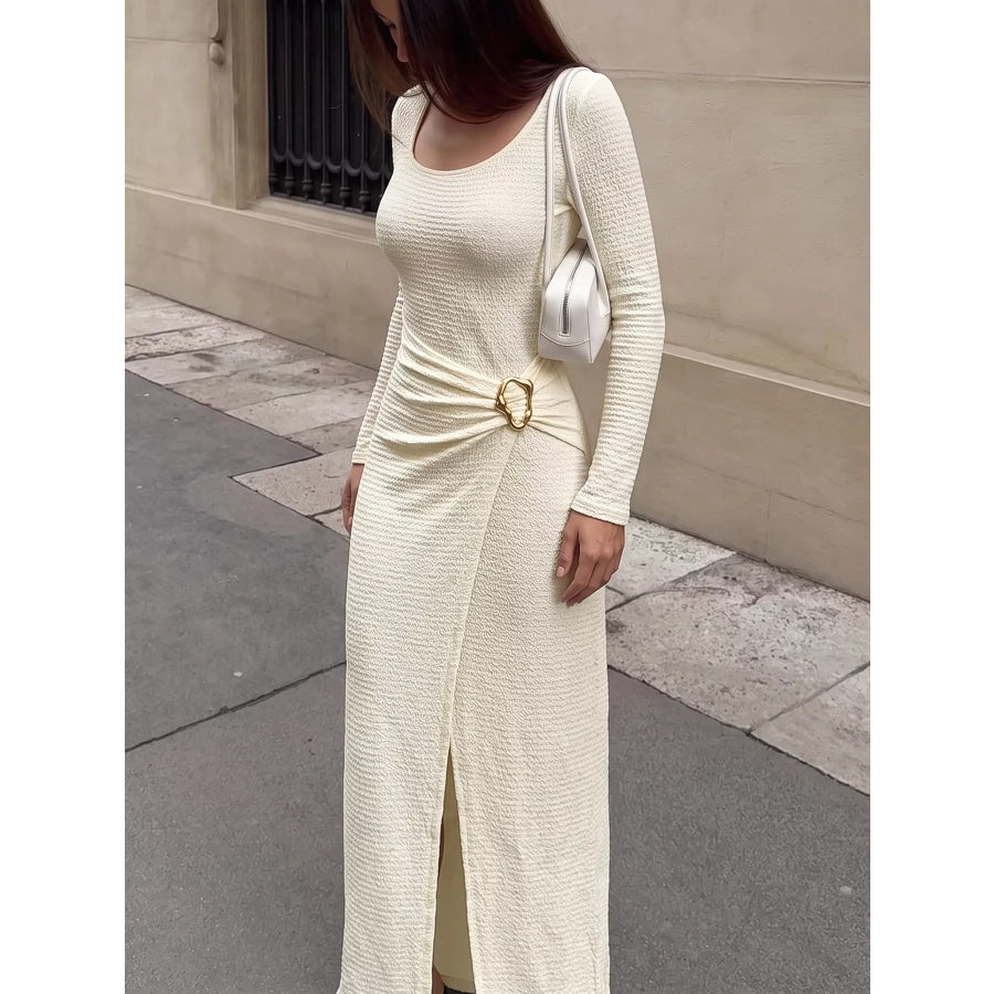 Elegant Long Sleeve Ruched Midi Dress Apparel and Accessories
