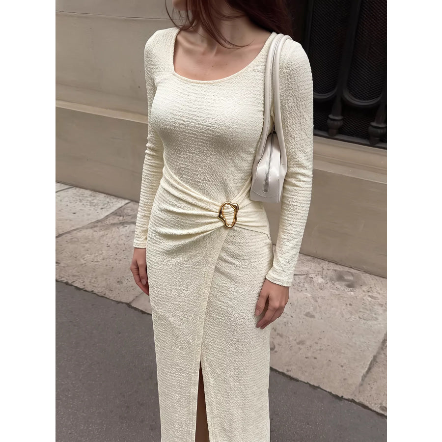 Elegant Long Sleeve Ruched Midi Dress Apricot / S Apparel and Accessories