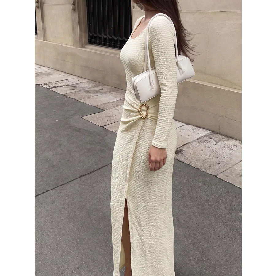 Elegant Long Sleeve Ruched Midi Dress Apparel and Accessories