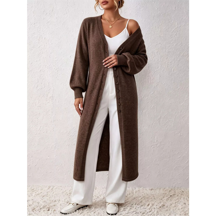 Elegant Longline Button-Front Cardigan with Lantern Sleeves Dark Brown / S