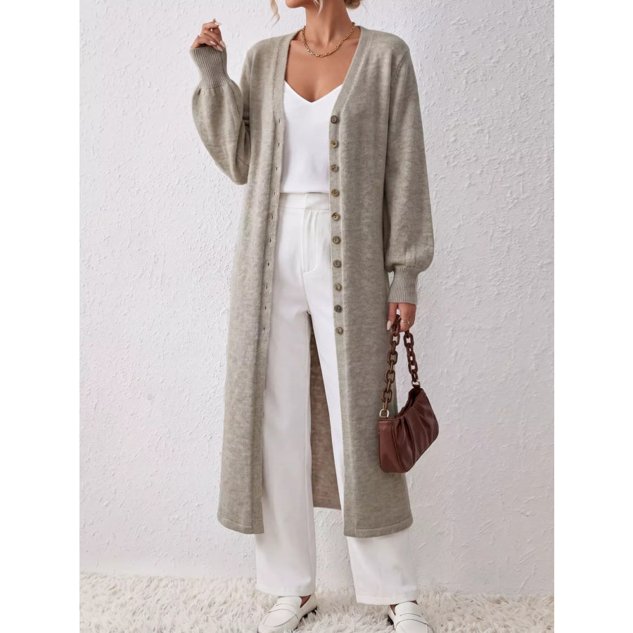 Elegant Longline Button-Front Cardigan with Lantern Sleeves Light Gray / S