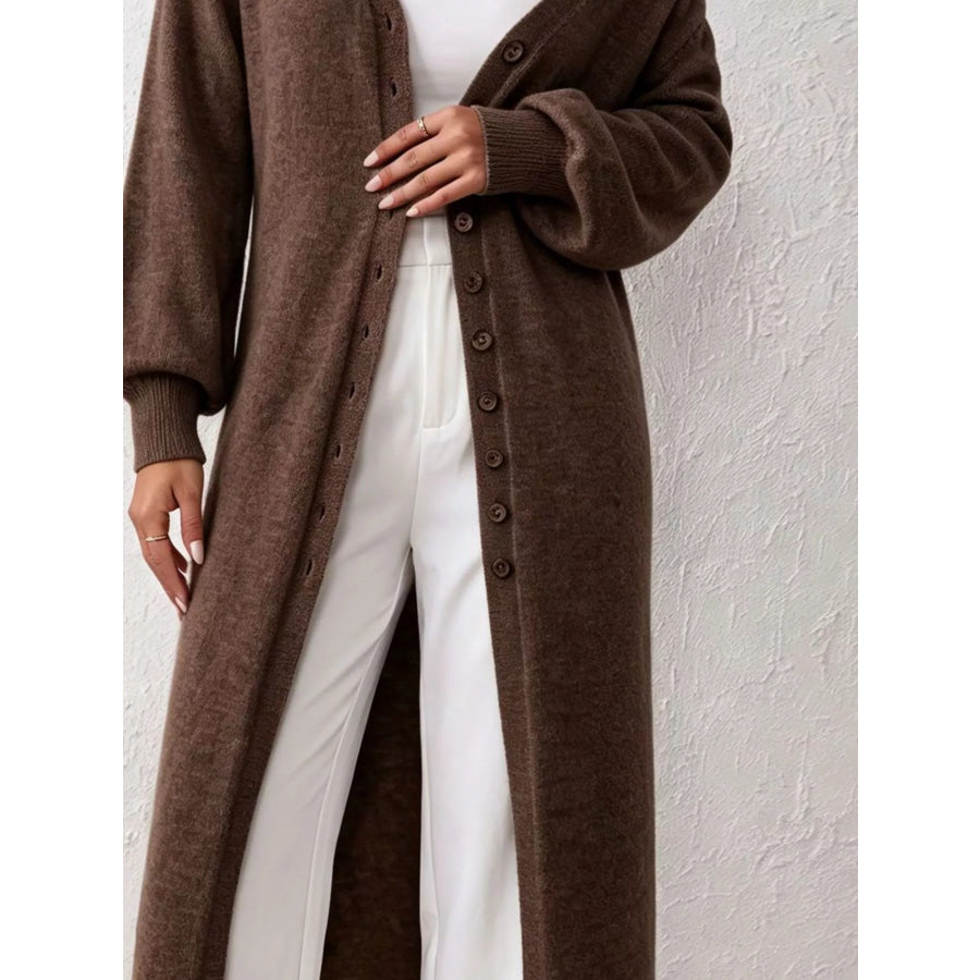 Elegant Longline Button-Front Cardigan with Lantern Sleeves