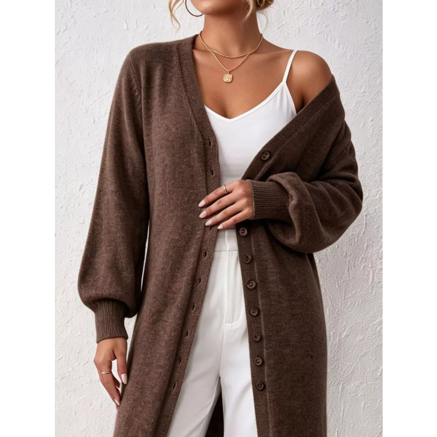 Elegant Longline Button-Front Cardigan with Lantern Sleeves