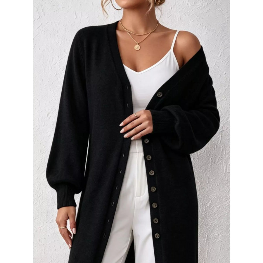 Elegant Longline Button-Front Cardigan with Lantern Sleeves