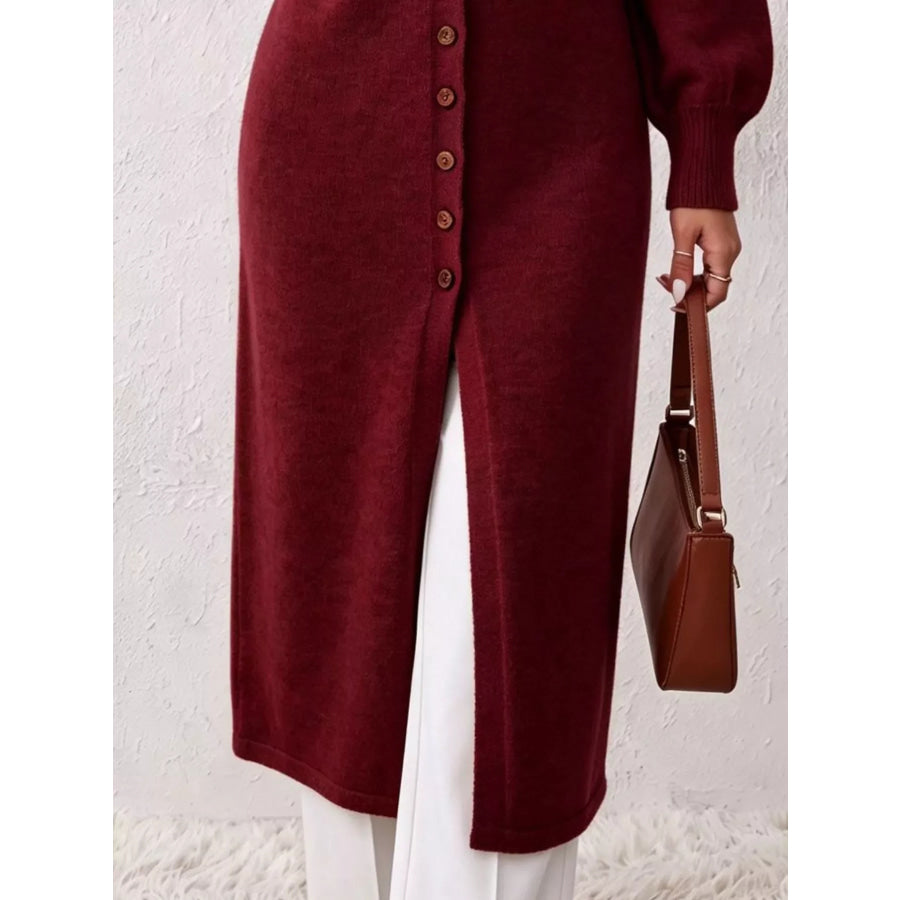 Elegant Longline Button-Front Cardigan with Lantern Sleeves