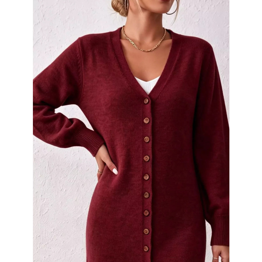 Elegant Longline Button-Front Cardigan with Lantern Sleeves