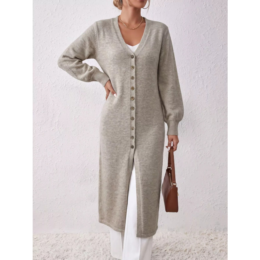 Elegant Longline Button-Front Cardigan with Lantern Sleeves