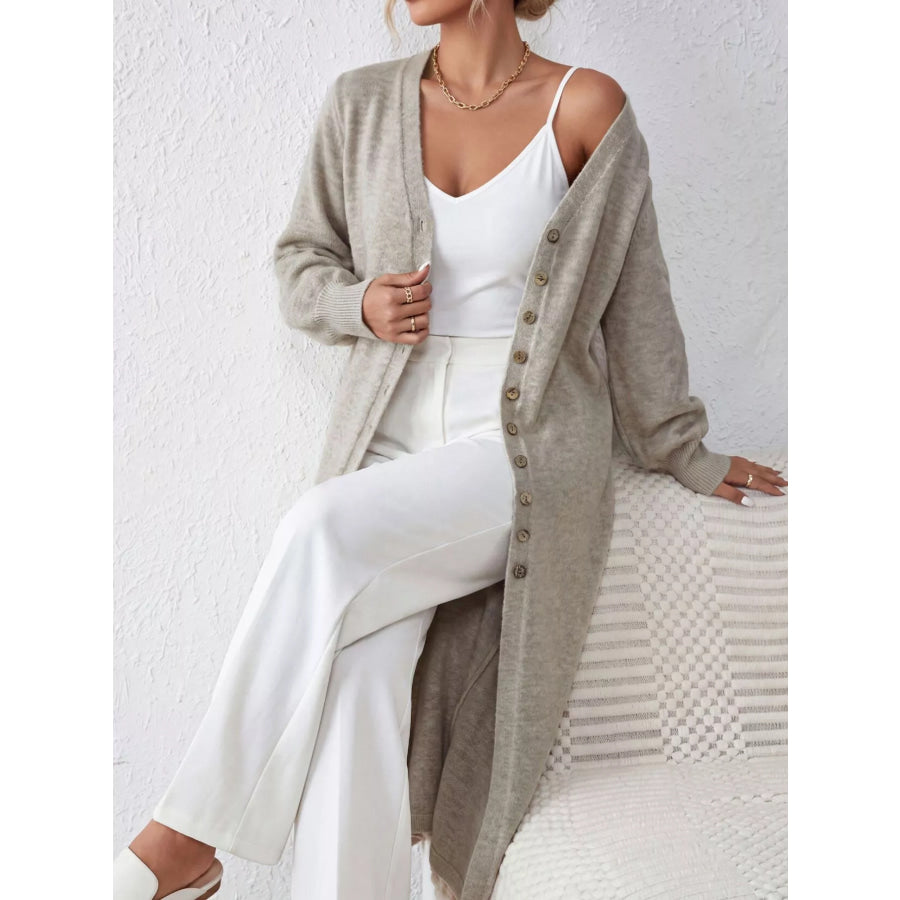 Elegant Longline Button-Front Cardigan with Lantern Sleeves