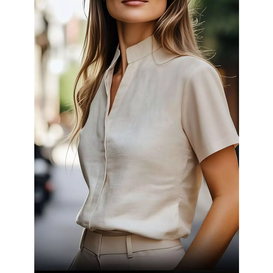 Elegant Mandarin Collar Short Sleeve Blouse Apparel and Accessories