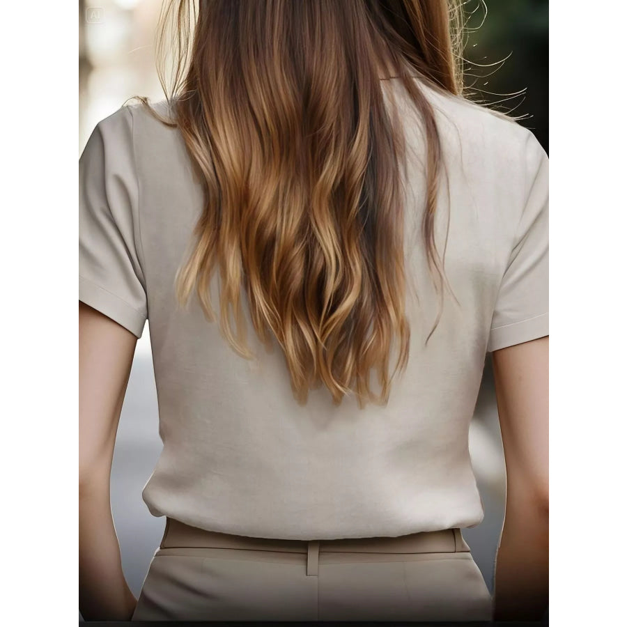 Elegant Mandarin Collar Short Sleeve Blouse Apparel and Accessories
