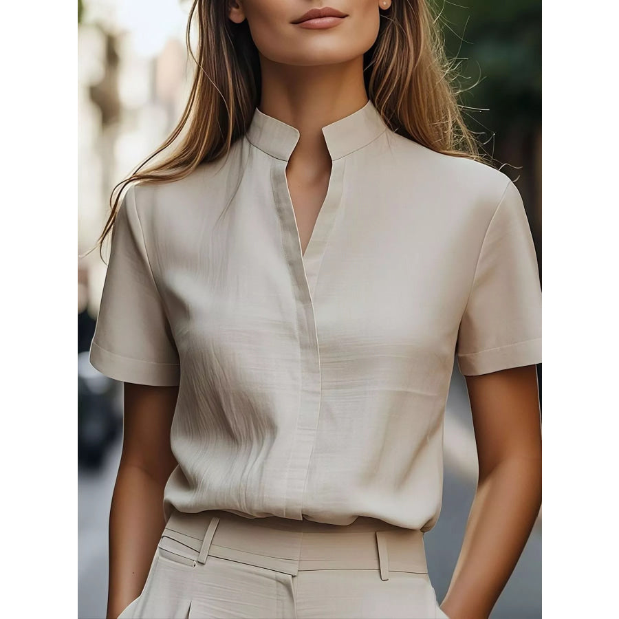 Elegant Mandarin Collar Short Sleeve Blouse Beige / S Apparel and Accessories