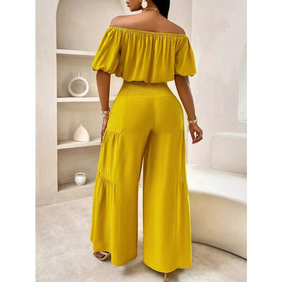 Elegant Off-Shoulder Crop Top and Ruched Wide Leg Pants Set Apparel and Accessories