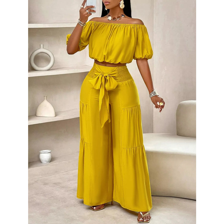 Elegant Off-Shoulder Crop Top and Ruched Wide Leg Pants Set Apparel and Accessories