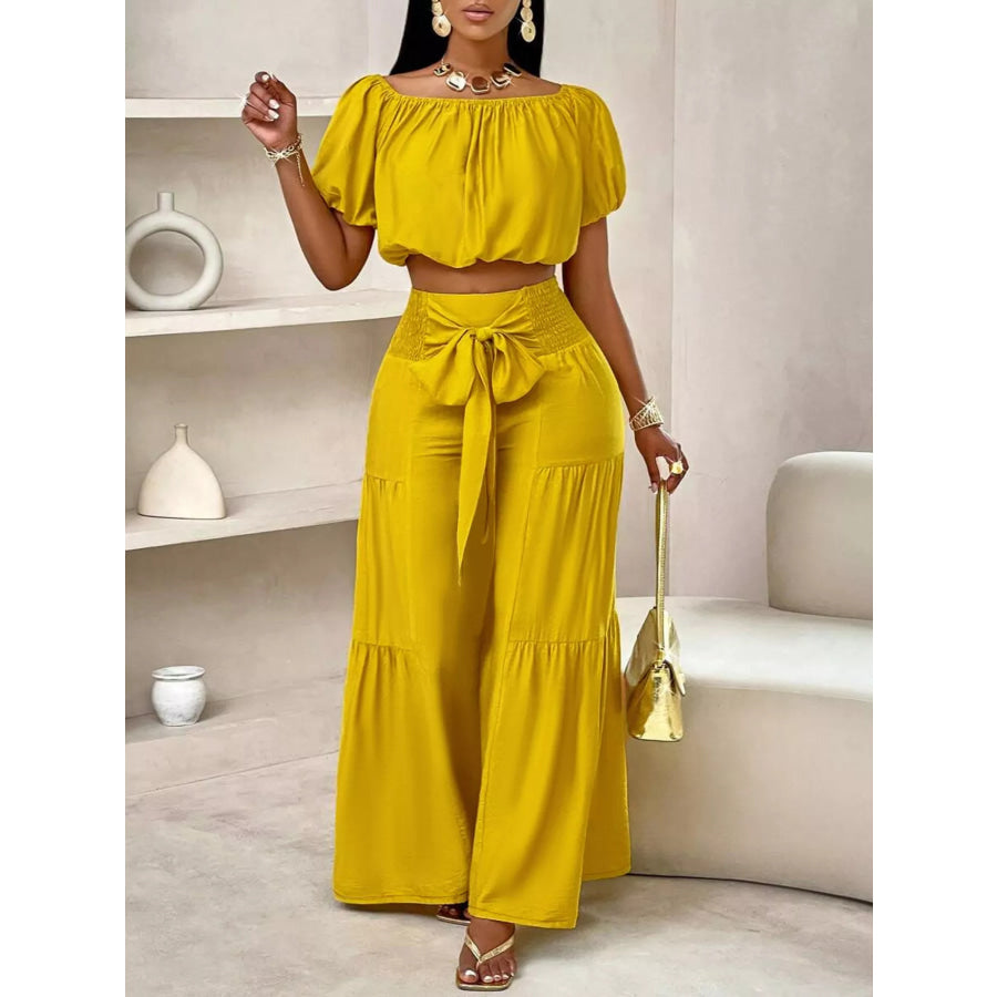 Elegant Off-Shoulder Crop Top and Ruched Wide Leg Pants Set Apparel and Accessories